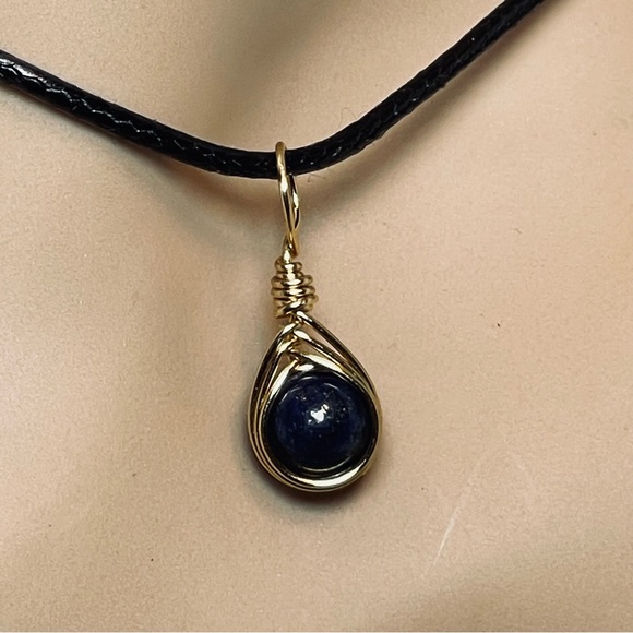 Lapiz Lazuli Pendant Hand Wire Wrapped With Gold Pl Wire - Picture 4 of 7